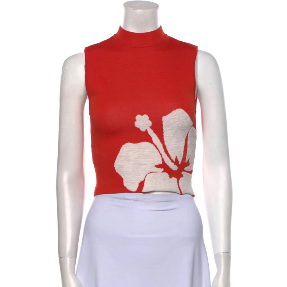 STAUD Red Crop Tank with White Floral Motif
